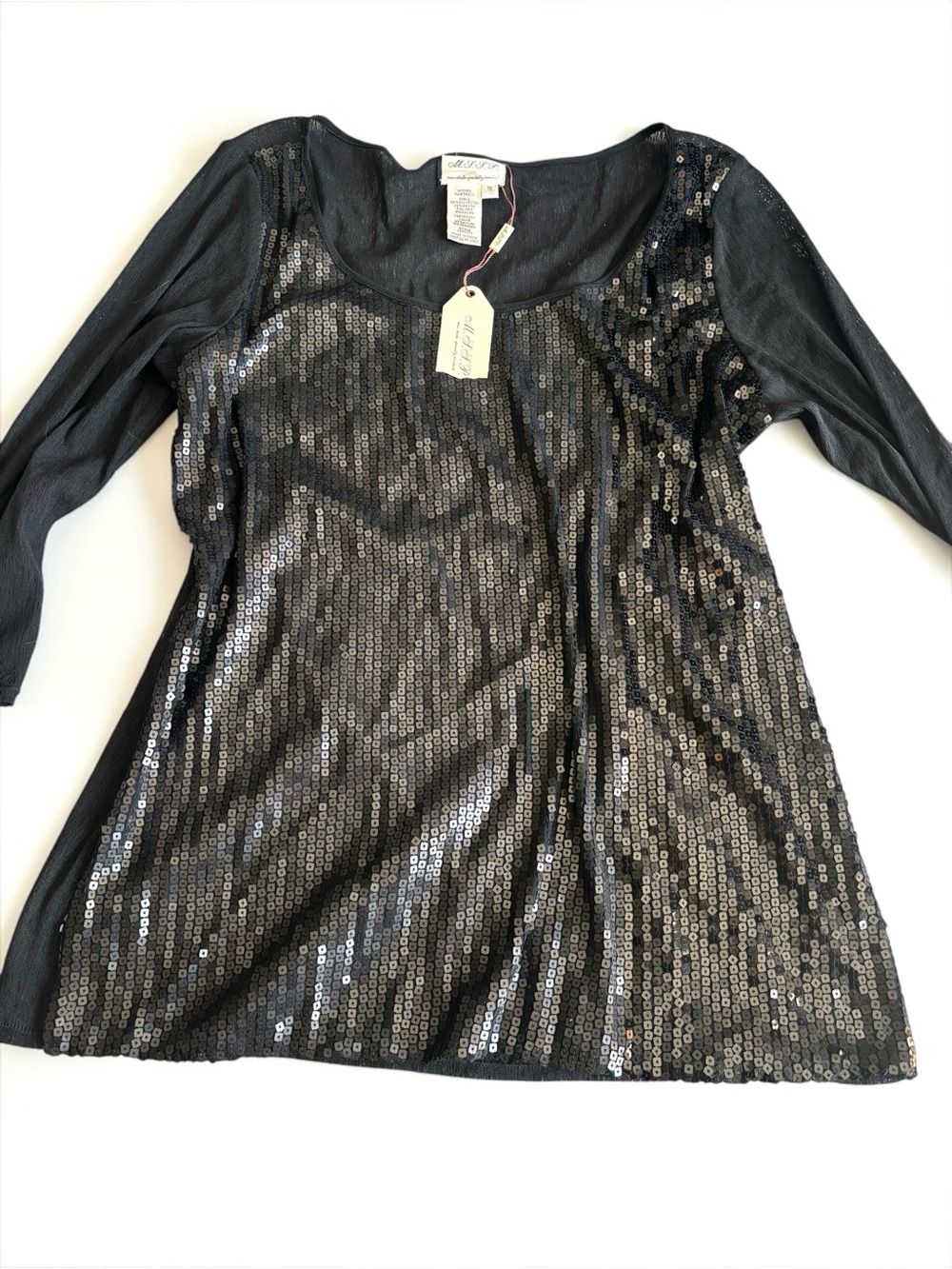 Vintage Max Studio Deadstock NWT Black Sequin Sheer Sleeve Top Y2K 1X